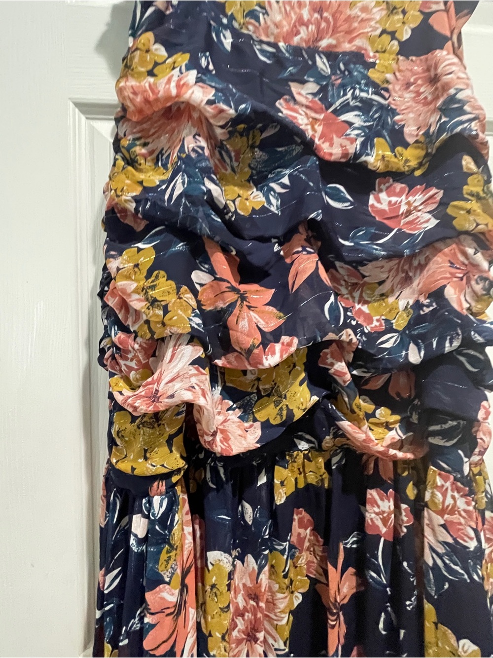 Lulus Navy Floral Ruched Ruffle Midi Dress - Picture 4 of 4